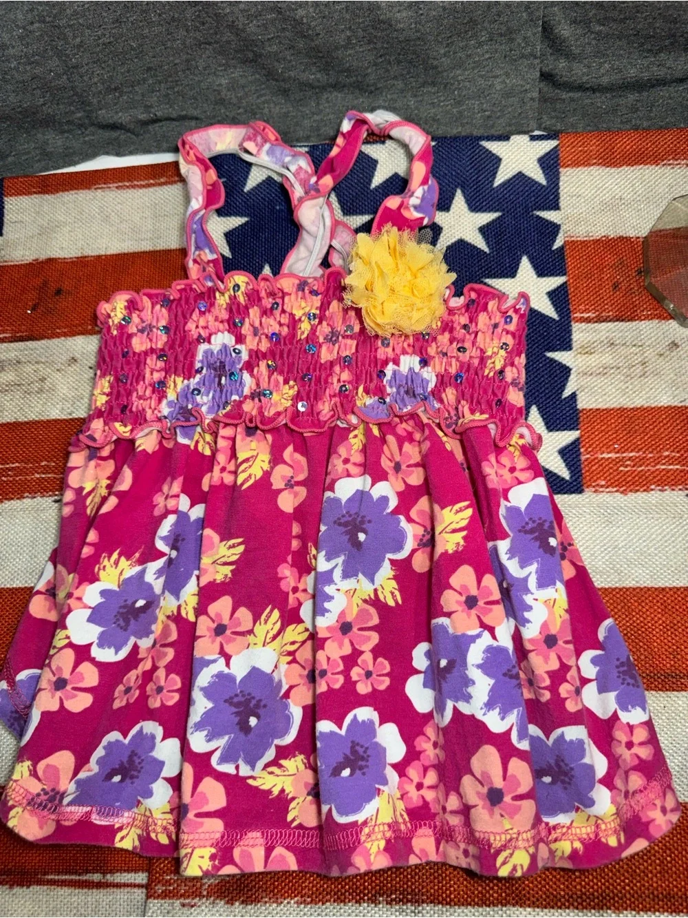 Bright Pink Floral Ruffle Dog Dress with Yellow Flower